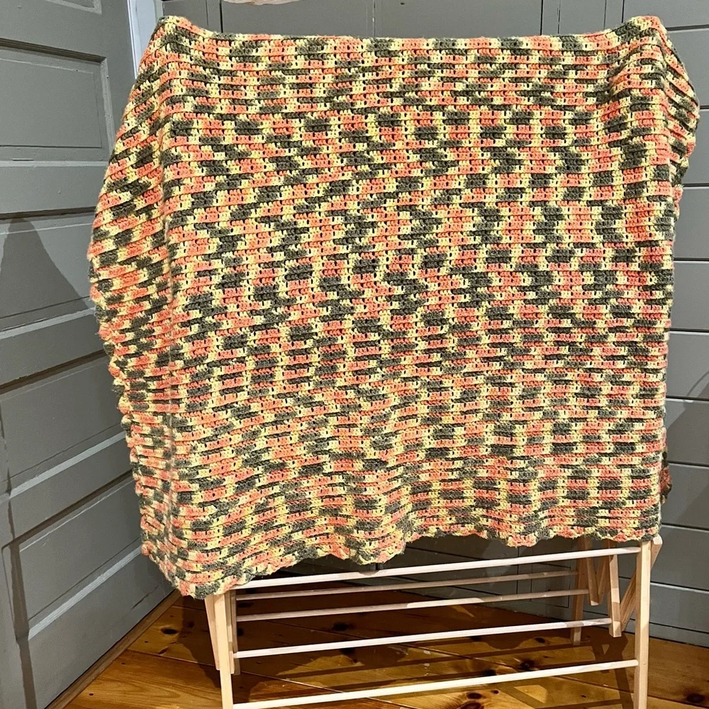 Vintage ca 70s Handmade Orange, Green, and Yellow Crocheted Afghan Blanket